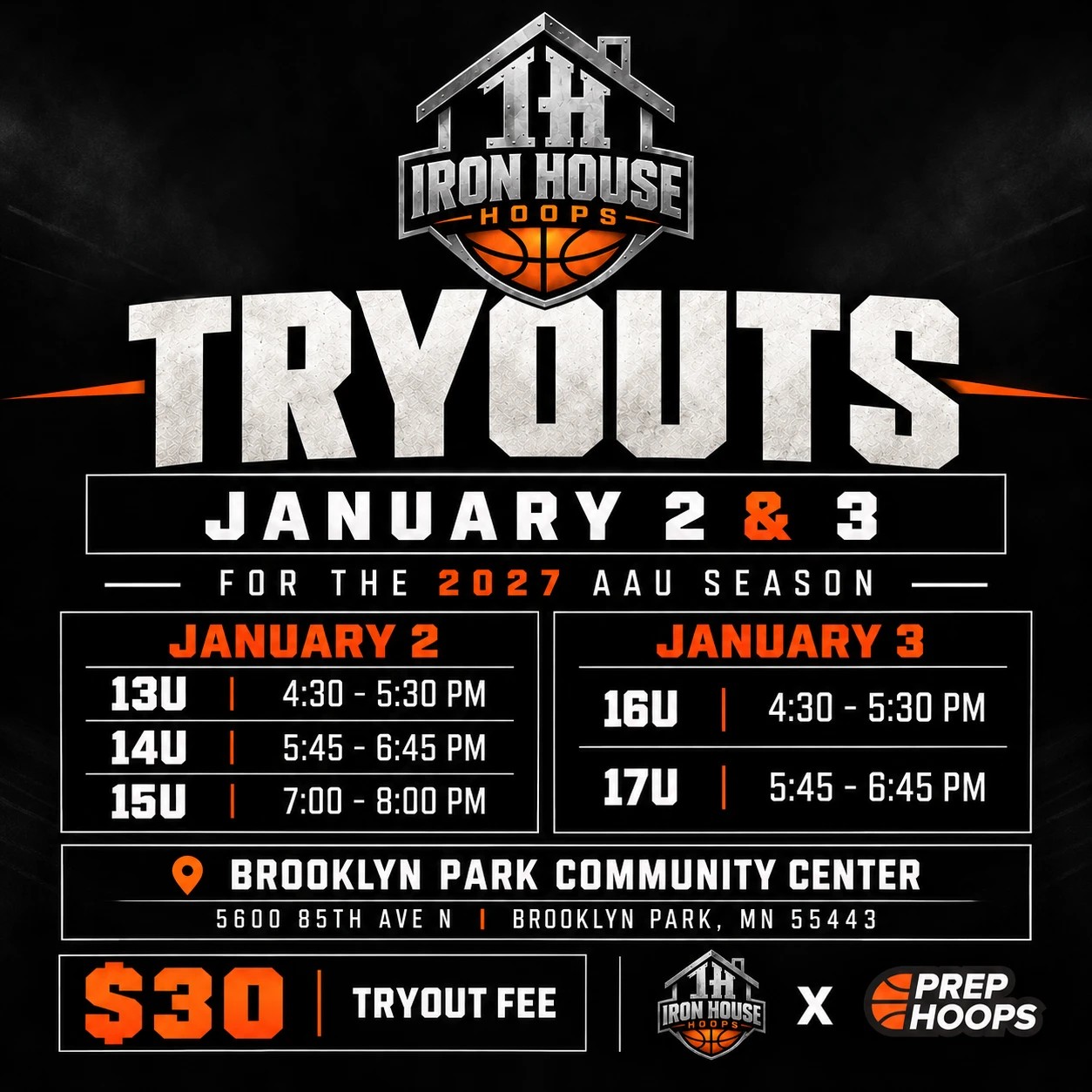 Ironhouse Hoops tryouts, January 2 and 3, 2027 at Brooklyn Park Community Center